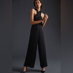 NWT Anthropologie Black Satin Wide Leg Jumpsuit | Keyhole Sleeveless